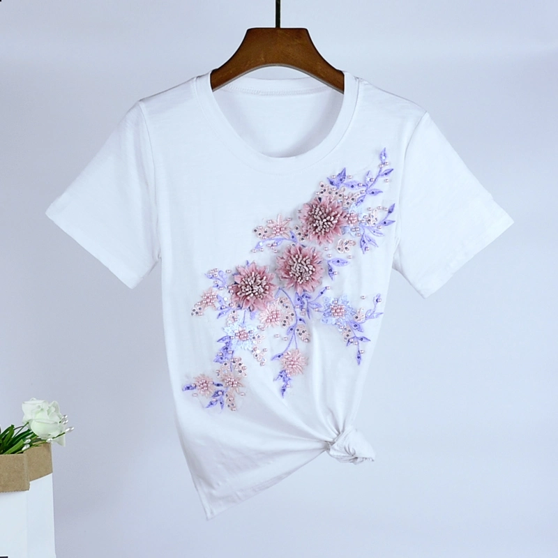 2021 Fashion Women Embroidered Flower Cotton Top Short Sleeves of Ladies Blouse