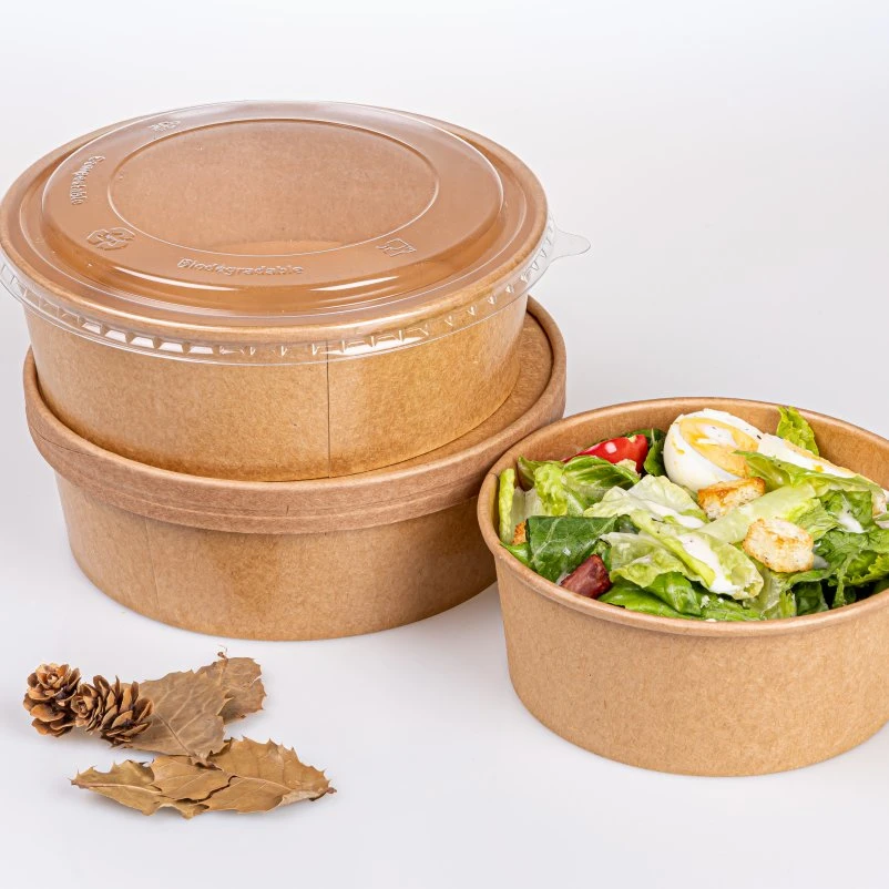 Conception personnalisée Kraft contenants alimentaires en gros Kraft écologique 500ml à 1300ml soupe bol à salade tasses de papier avec couvercle Bol de papier alimentaire