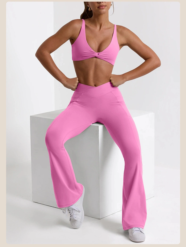 L'usine de gros Sexy costume de remise en forme de soutien-gorge de torsion Soutien-gorge de sport de haut niveau de la taille de la hanche jusqu'poussoir levée Fitness pantalon évasé de couleur unie Vêtements de yoga Yoga défini