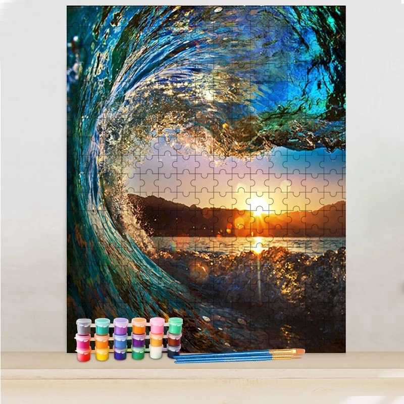 Wooden Jigsaw Puzzle 500 Pieces Wave Painting by Numbers for Adults Acrylic Paints DIY Gift Wall Art Picture Home Decors