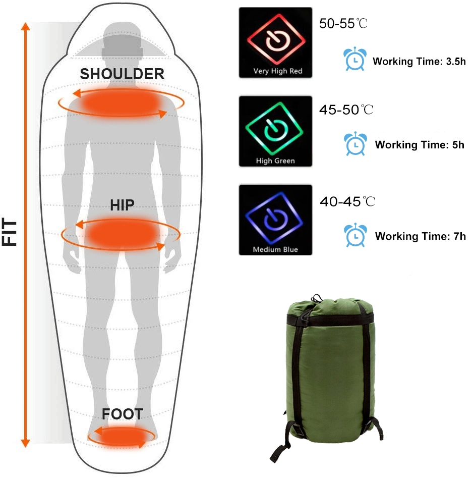 Outdoor Thermal Mummy Electric Battery Heated Sleeping Bag for Cold Weather