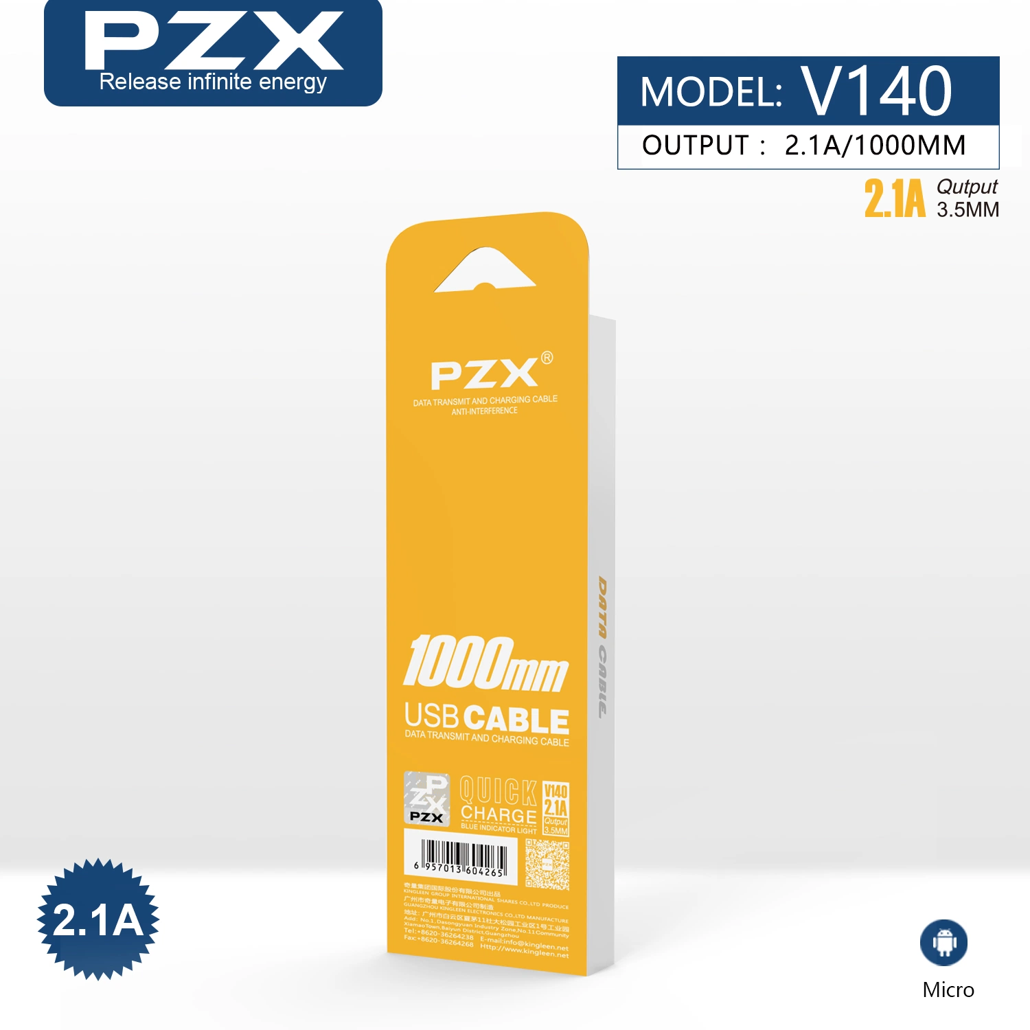 Pzx V140 Wholesale/Supplier Mobile Accessories 2.1A Fast Charging USB Data Cable