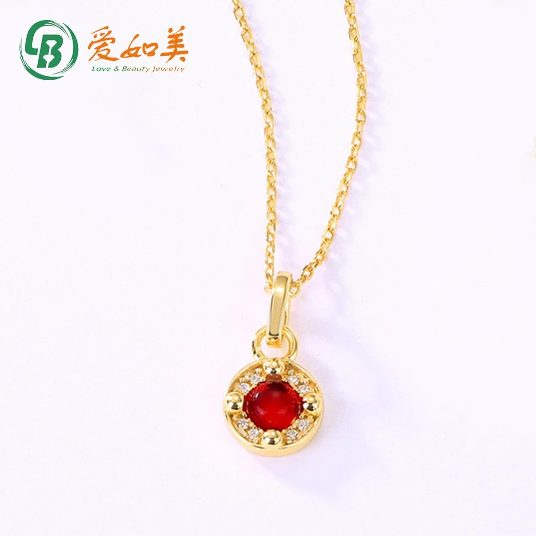 Designer Fashion Jewelry Gold Necklace Synthetic Red Garnet Gold Plated Crystal Jewellery 925 Sterling Silver Pendant Necklace for Women