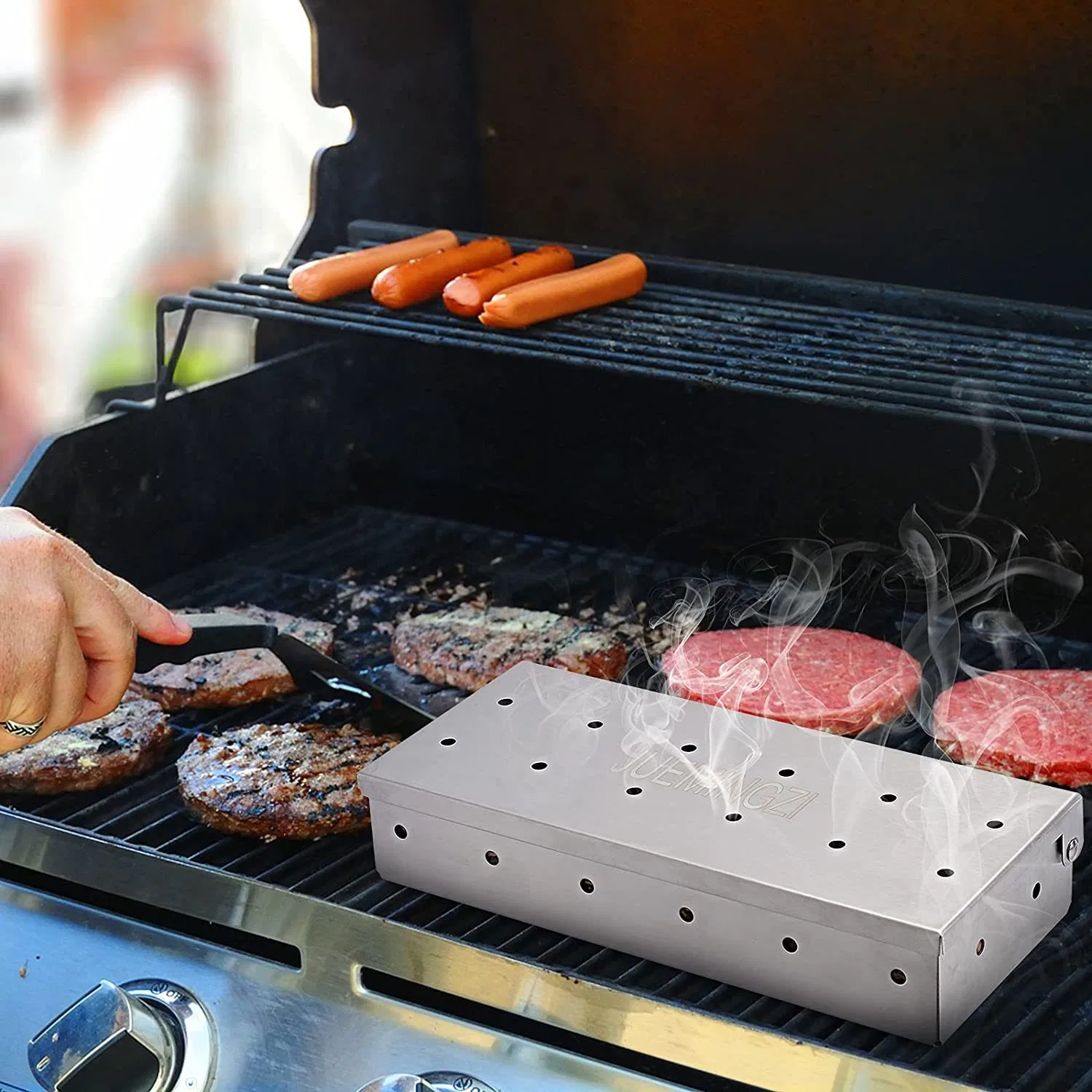 Caja ahumadora de carne de barbacoa de acero inoxidable para madera de parrilla de barbacoa Astillas para carbón y parrillas de gas Bl15975