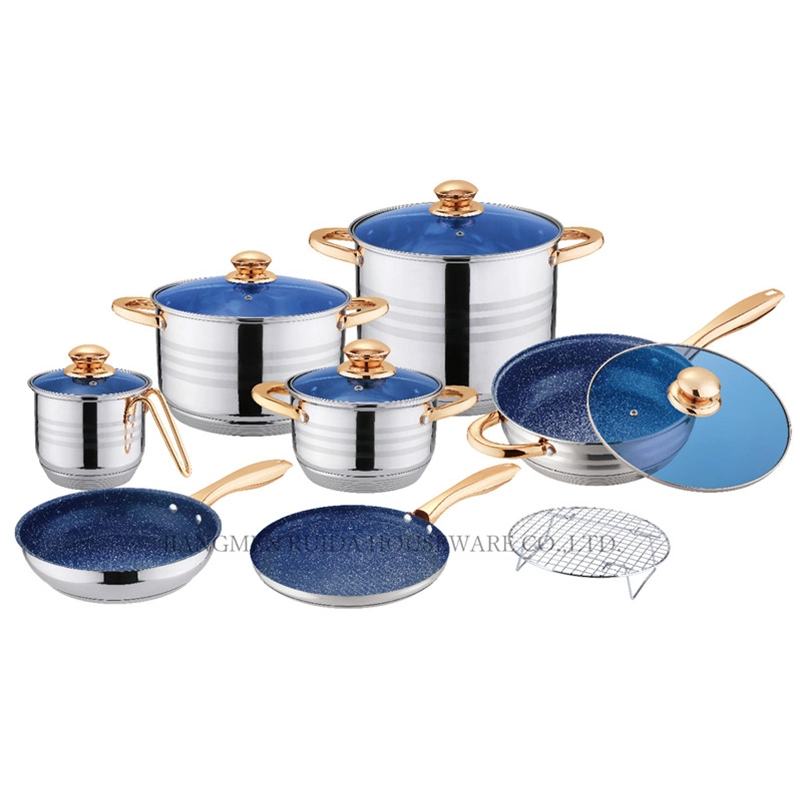 Conjunto de utensílios de cozinha de aço inoxidável 13PCS Hot Sales, tampa de vidro azul Com utensílios de cozinha dourados