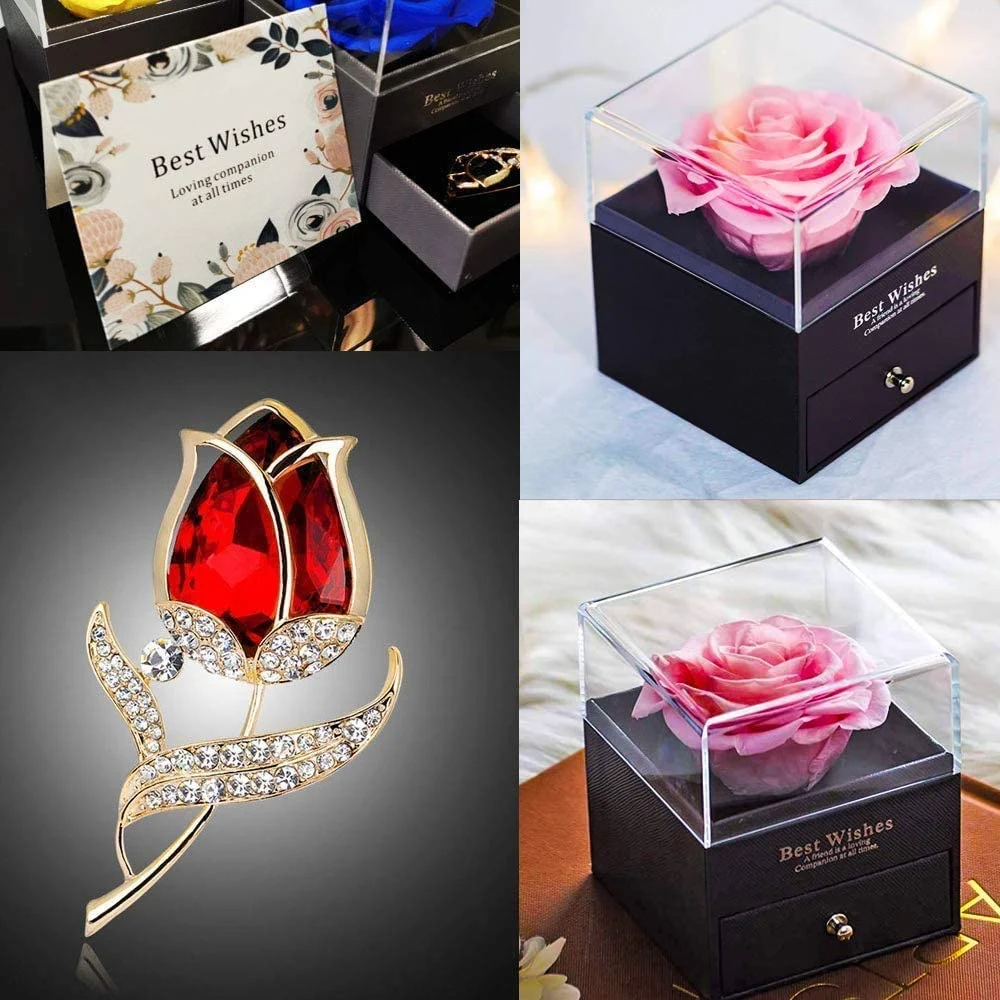 Siempre Rosa Rosa Caja de regalo, joyería artesanal eterna flor rosa preservada para la mujer, esposa, novia en San Valentín, cumpleaños, Día de la madre