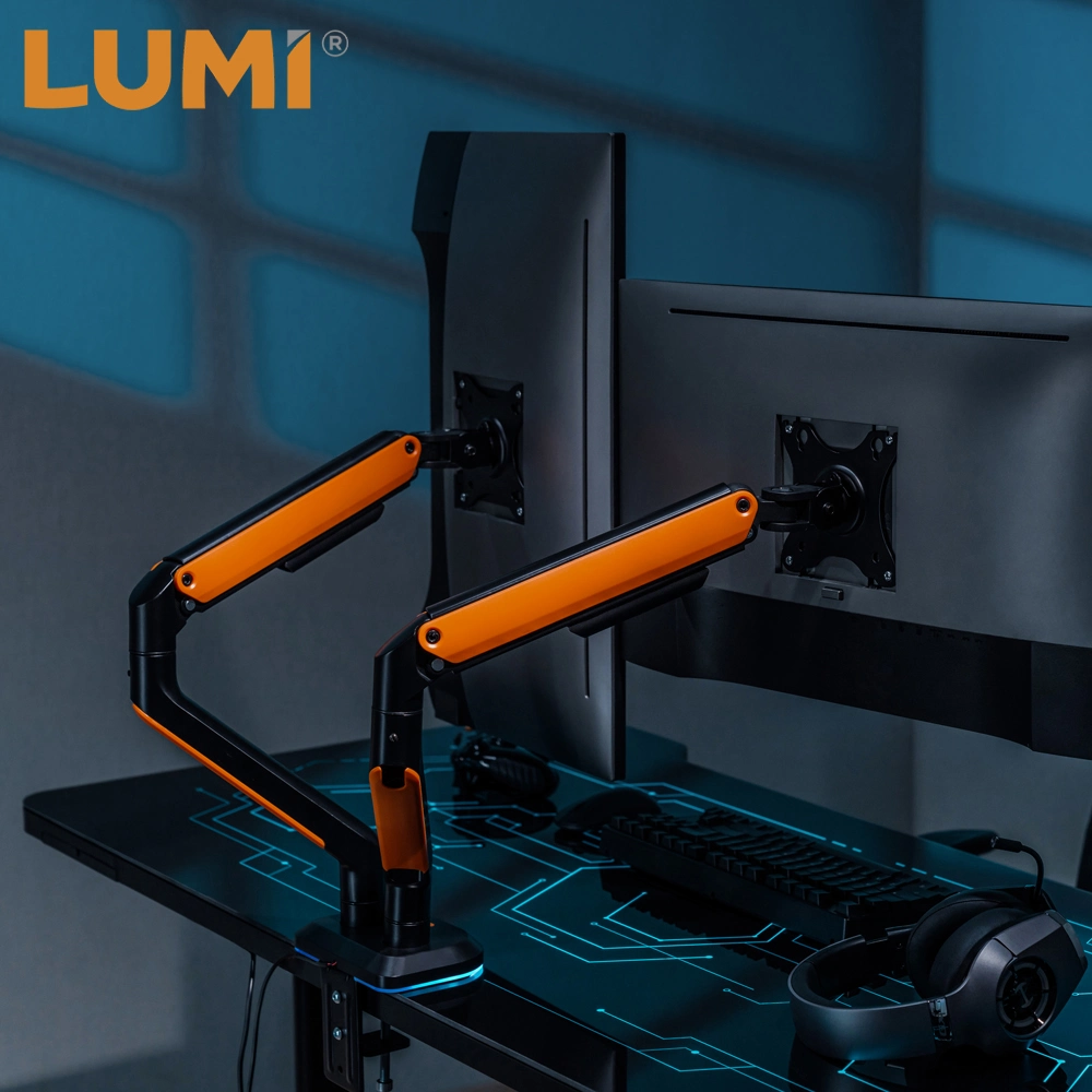 LUMI OEM ODM Dual Office Desk Mount Adjustable Computer Monitor Arm with RGB Lighting