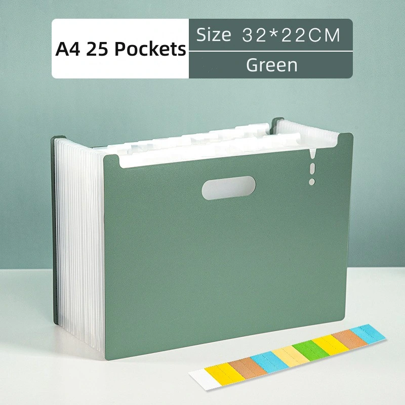 A4 Size 25 Pockets Green Color PP Material Free-Standing Expanding Organizer File Folder Expandable Accordion Folder Upright & Open Top