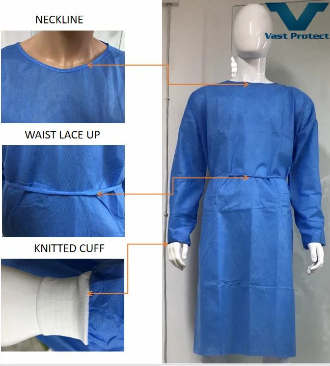 SGS Disposable SMS Anti-Mildew and Anti-Bacterial Soft Easy to Wear Isolation Gown