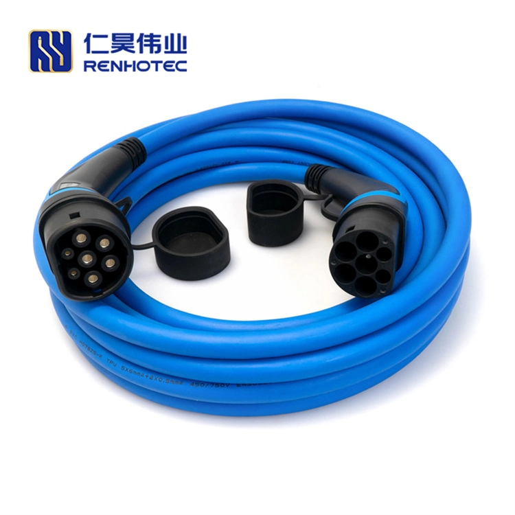 Mode 3 EV Charging Cable Type 2 to Type 2 IEC 62196 32A Three Phase Charger Connector with 5 Meters Blue Cable