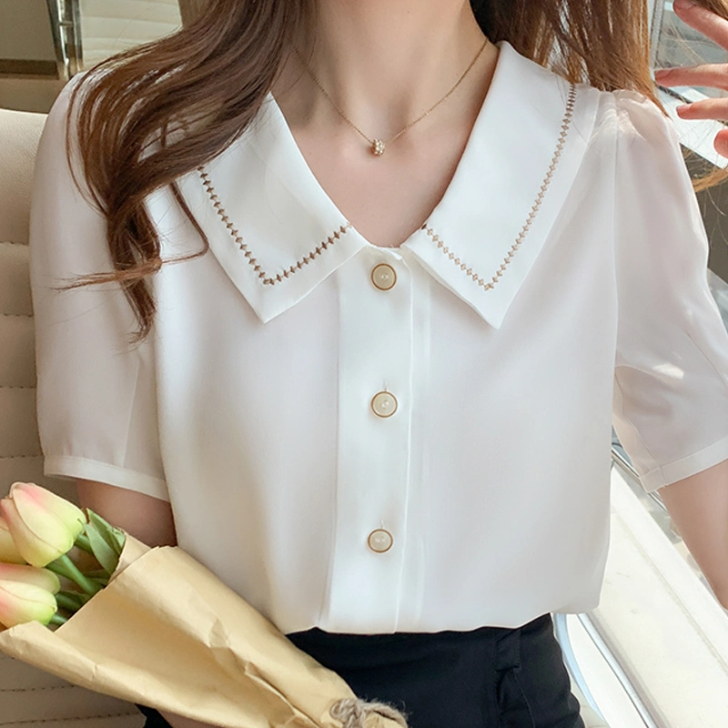 Blusas Blouses Femme Tops Women Turn Down Collar 2022 Summer White Blouse Short Sleeve Chiffon Blouse Shirt