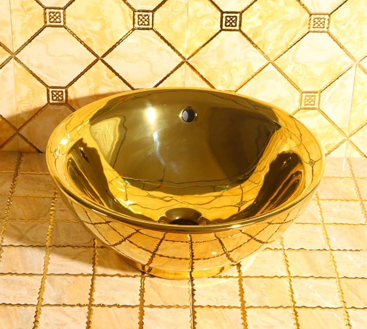 Luxury Ceramic Gold Floral Design Table Top Art Wash Basin Bathroom Sink for Hotel or Villa