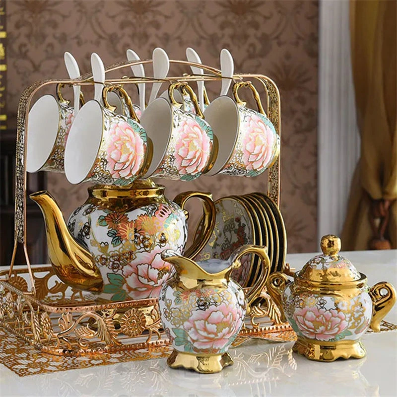 Wholesale Exquisite European Style Decal Printed Tea Cups Royal Golden Afternoon Luxury Ceramic Coffee Tea Sets for Gift