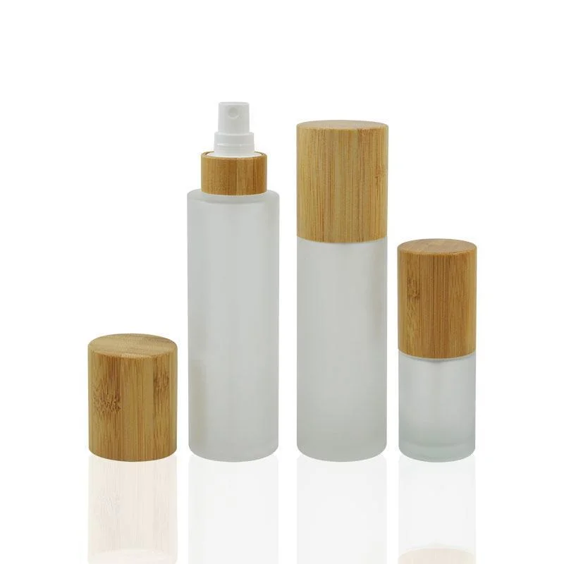 30ml 50ml 100ml 120ml Cosmetic Packaging Frosted Glass Lotion Pump Sprayer Bottle with Bamboo Lid