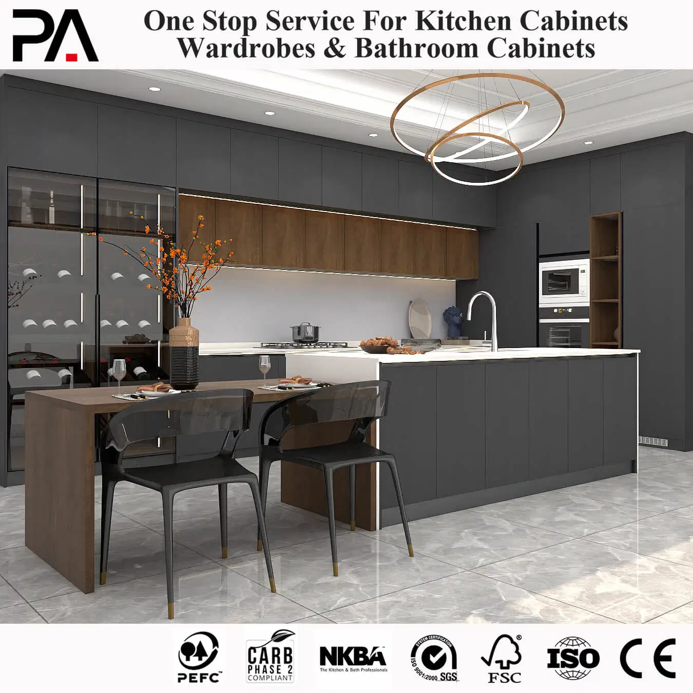 PA China personalizado MDF laminado Atacado Verniz cinzento de armazenamento Pantry Armários de cozinha