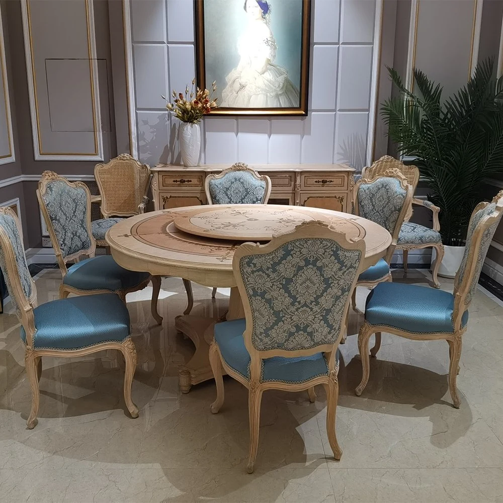 Luxuosa sala de jantar de estilo francês clássico mobiliário antigo de madeira de cinzas redonda mesa de jantar e cadeiras ajustada
