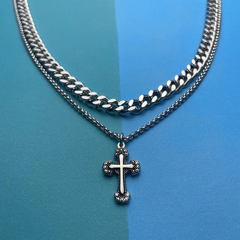 Hip-Hop Double Layered Cross Necklace Men&prime; S Trendy Niche Design Cuban Chain Titanium Steel Accessories