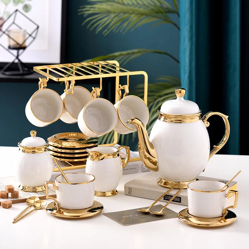 Arabic Ceramic Golden Tea Set with Teapot Milk Pot Sugar Jars Porcelain Tea Cup Saucer Set Gold Coffee Cups
