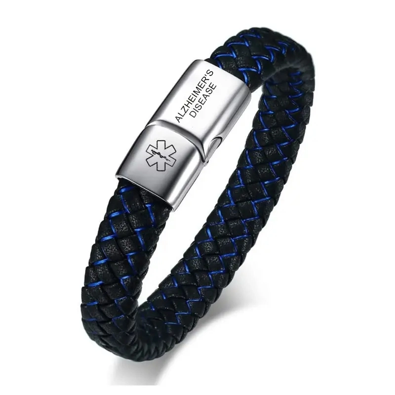 Nuevo Trend Simple Men's Business Blue Leather Bracelet Pulsera de Cuero de Acero Inoxidable Grabable para Parejas