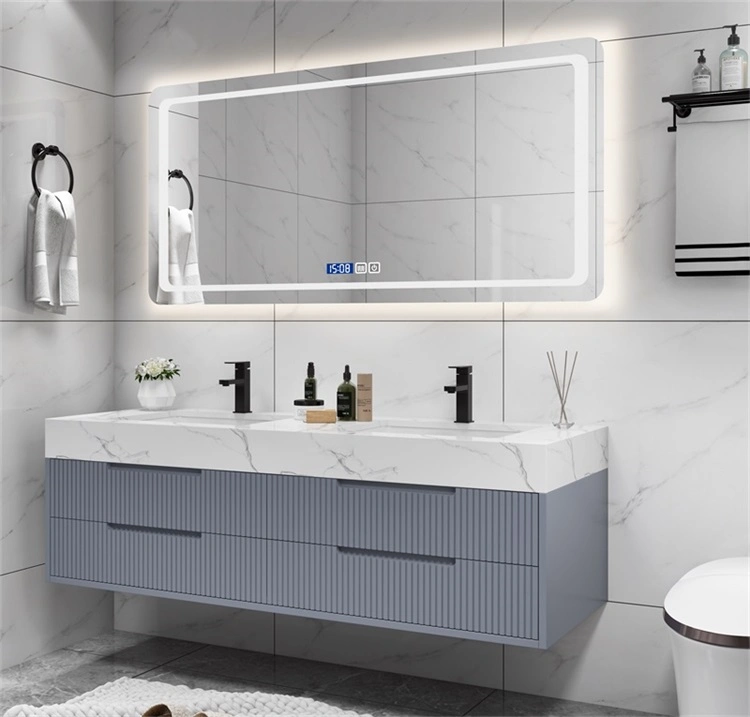 Luxury Bathroom Cabinet Furniture New Design Plywood with Painting Waterproof Bathroom Vanity Cabinets with LED Mirror Cabinet with Rock Plate Basin