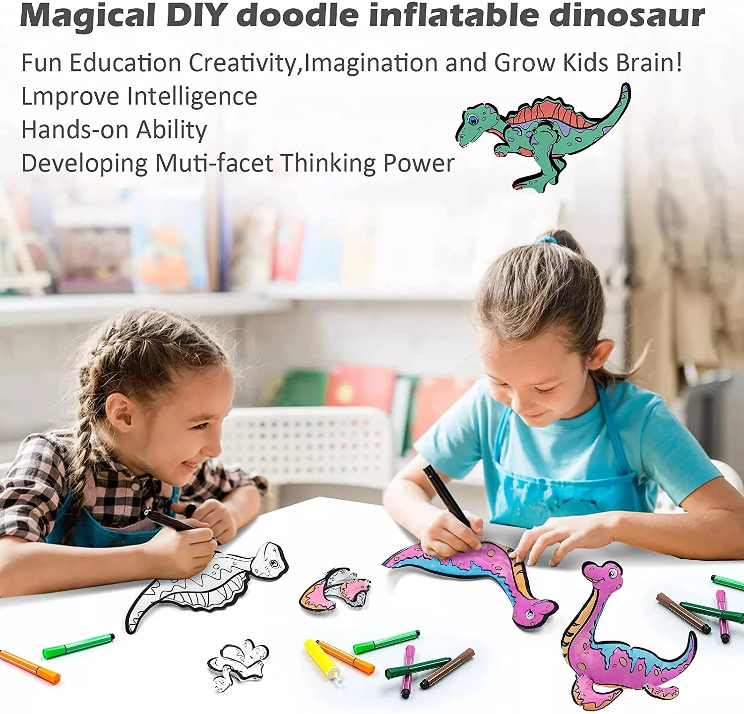 Qstoys DIY Dino Kids Craft Arts Toys Set Inflatable Dinosaur Painting Kit Safe Dinosaur Animal Craft Paint Gift Toy for Kids