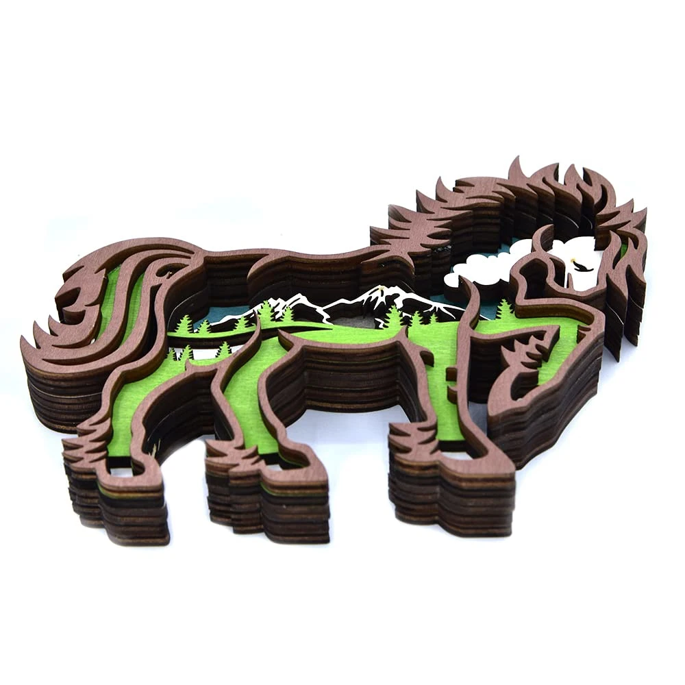 Home Shelf Table Desk Wooden Multilayer Animal Horse Silhouette Sculpture Decoration with Light