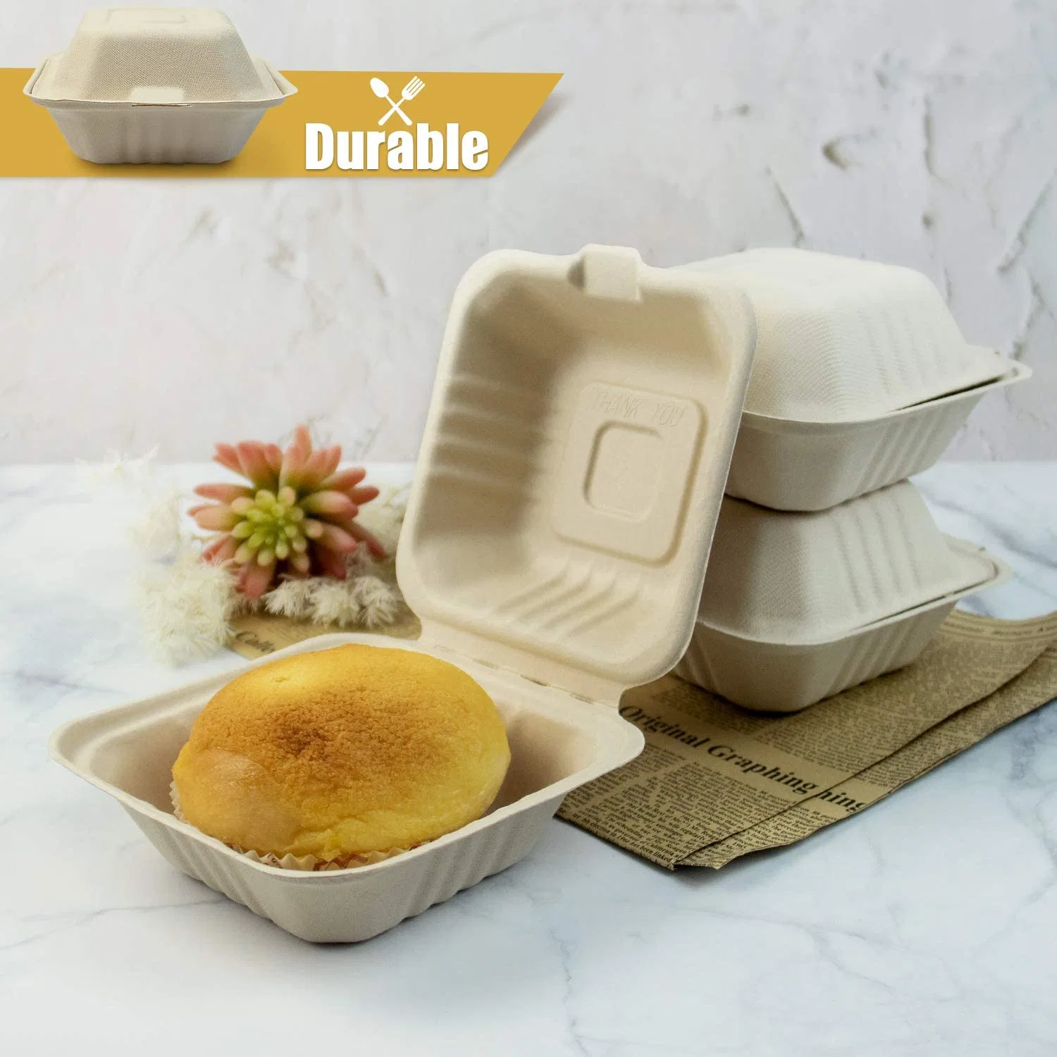 Biodegradable Paper Pulp Lunch Container Sugarcane Bagasse Food Container Disposable Tableware