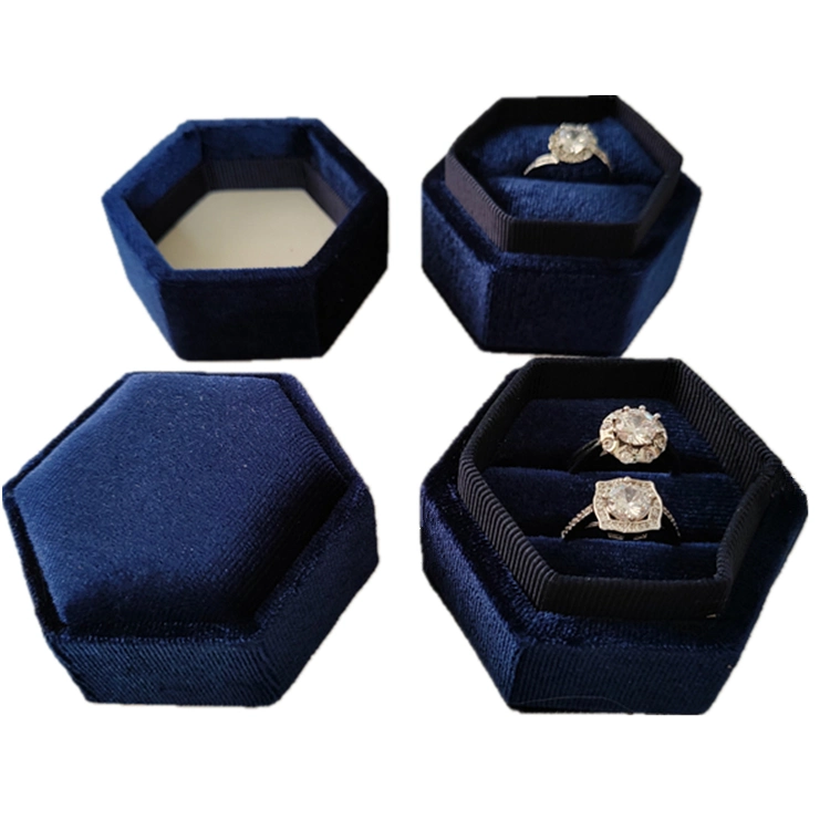 Double Rings Smooth Silk Velvet Dark Blue Custom Jewelry Box in Stock