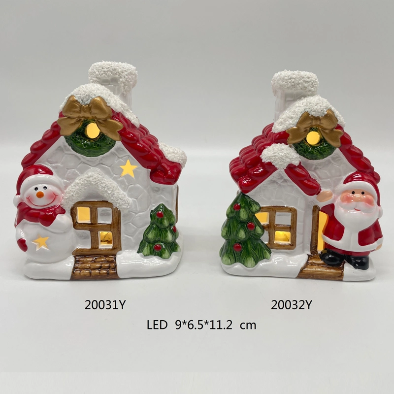 Traditional Ceramic Village House in Red Color with LED Lighting for Christmas Decoration