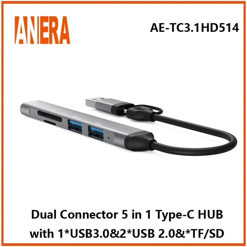 Conector doble de alta calidad 5 en 1 multifunción USB C Convertidor de concentrador adaptador de concentrador tipo C portátil con concentrador USB3,0/2,0 Lector de tarjetas SD/TF 2,0