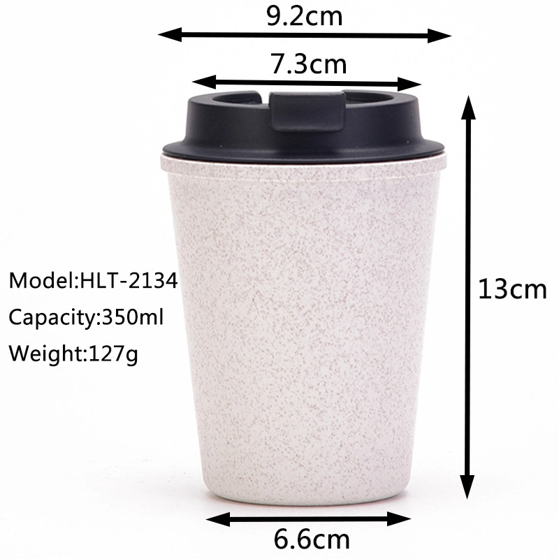 350 ml, parede dupla personalizável reutilizável, sem BPA, palha de trigo para viagem Caneca de copo de café em plástico