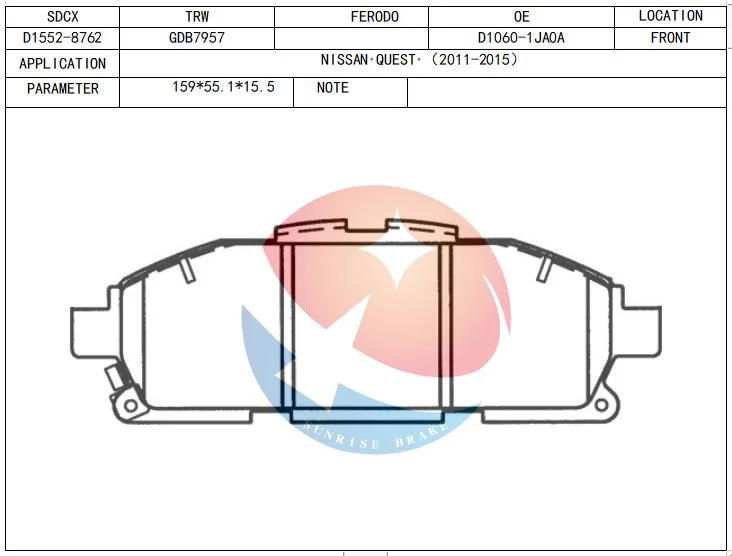 Sdcx D1552-8762/D1060-1ja0a plaquette de frein pour voiture Nissan Elgrandquest 1993-2017