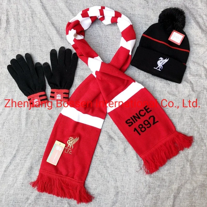 Logo brodé personnalisé OEM Les fans de football Gants tricotés avec manchettes Beanie Cap foulard défini