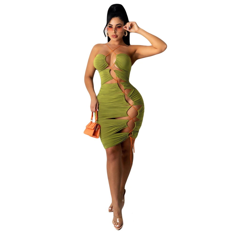 Summer Dress 2023 Custom Logo Mini Womens Dresses Sleeveless Hollow out Lace up Bodycon Dress Beach Wear