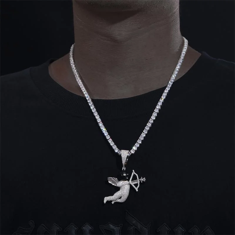 Iced out Men Hip Hop Jewelry Gifts D Vvs Moissanite Angel Cupid Pendant Black Masked Arrow of Eros 925 Sterling Silver Necklace