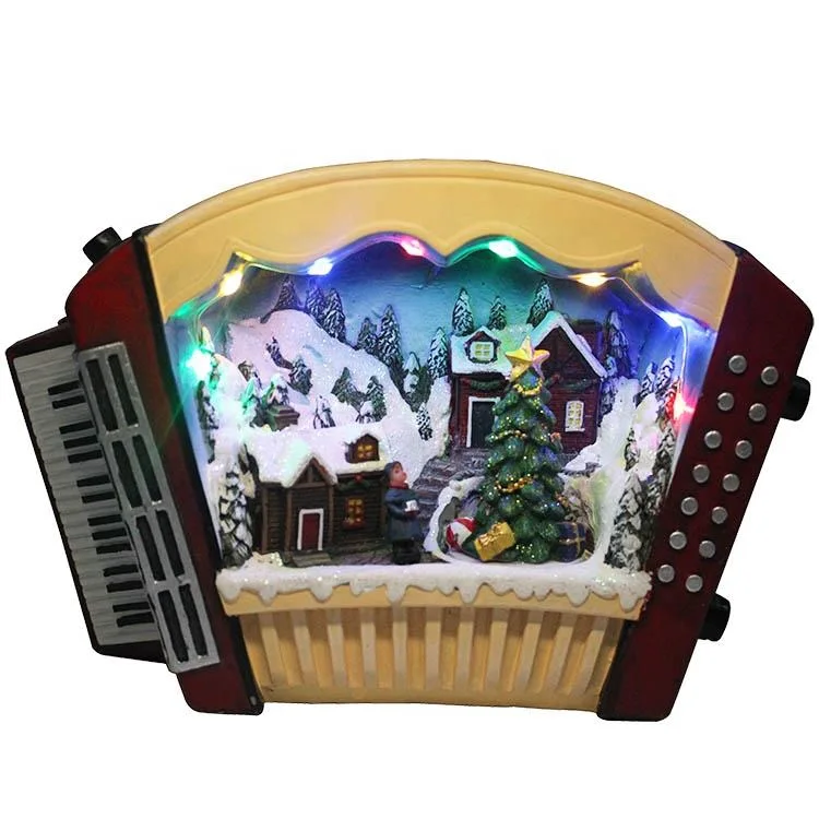 Customized Melody LED Lighted Musical Resin Accordion Figurine Xmas Village Scene Christmas Ornament