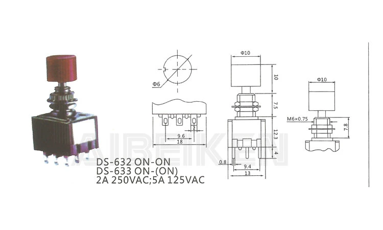 DS-632 6mm Durchm. 9-polige Klemme 2 A 250VAC 5A 125Vac ein-ein-rastender kleiner Kunststoff-Druckschalter