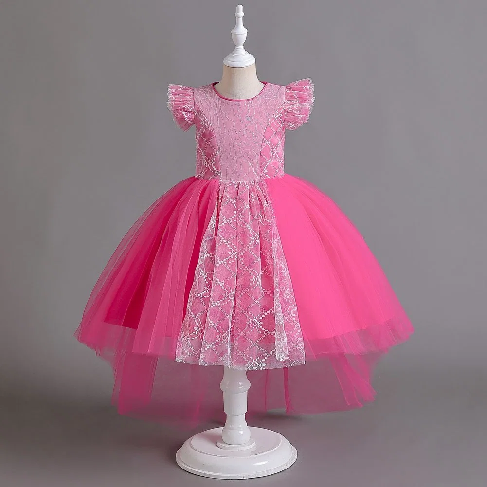 Estilo occidental largo encaje chica vestir de boda Rosa suave Banquete niños Princesa vestir elegante niños Prom Dresses para 3-12y