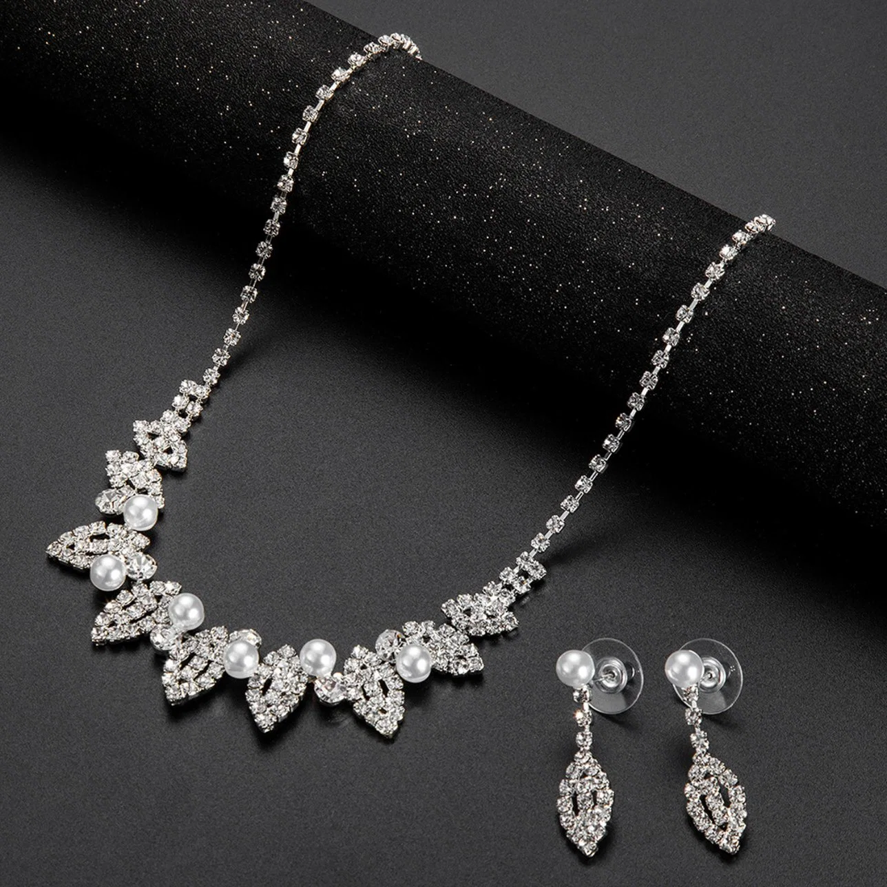 Rhinestone Crystal Bridal Floral Wave Teardrop Necklace Earrings Set