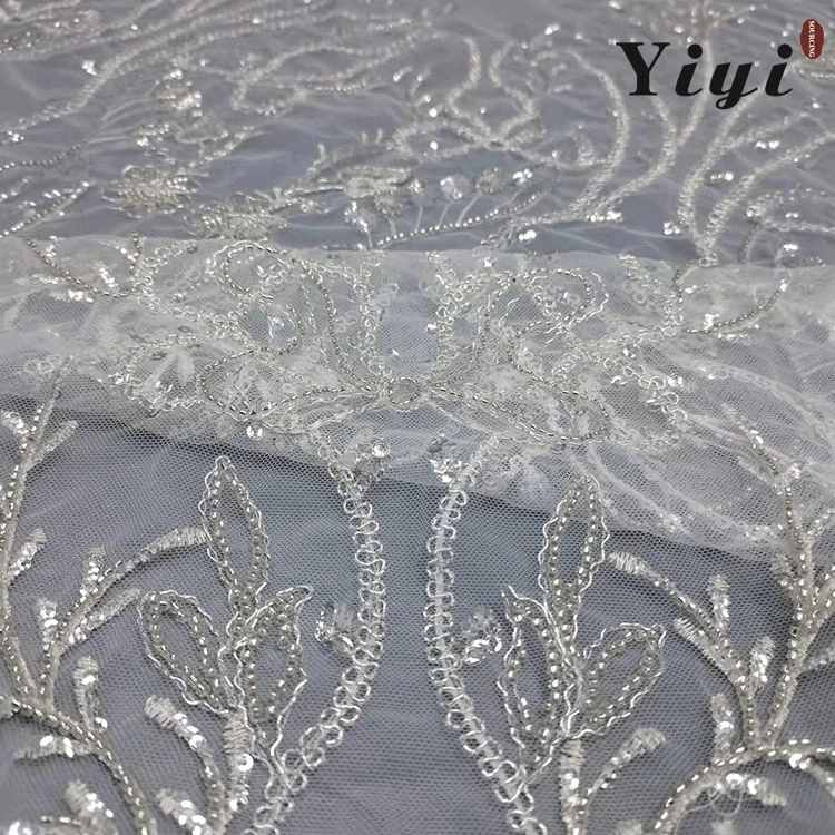 New Custom Designgradient Row 3D Solid Color Beads Mesh Embroidery Lace Tulle Fabric