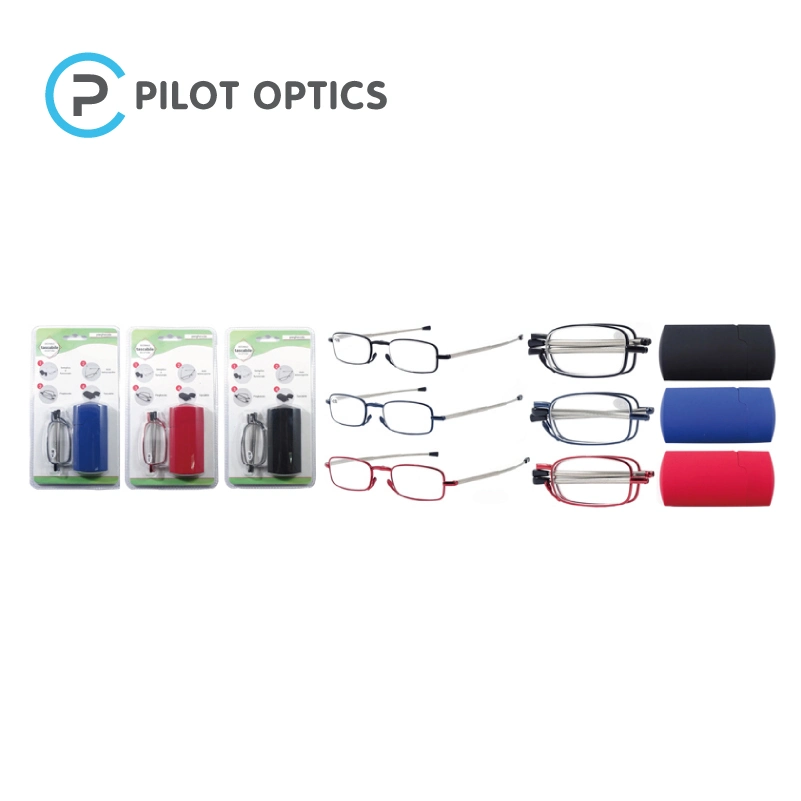 Pilot Optics Wholesale Metal Square Mini Folding Foldaway Reading Glasses with Case