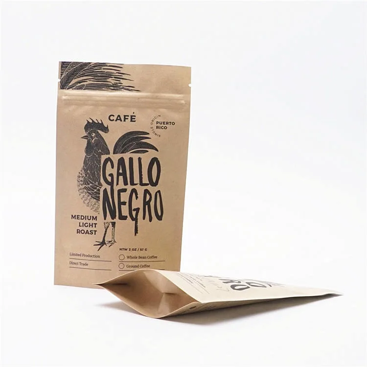 Printed Natural Kraft Paper out Layer Food Direct Contact One Way Valve Zipper Stand up Coffee Bag