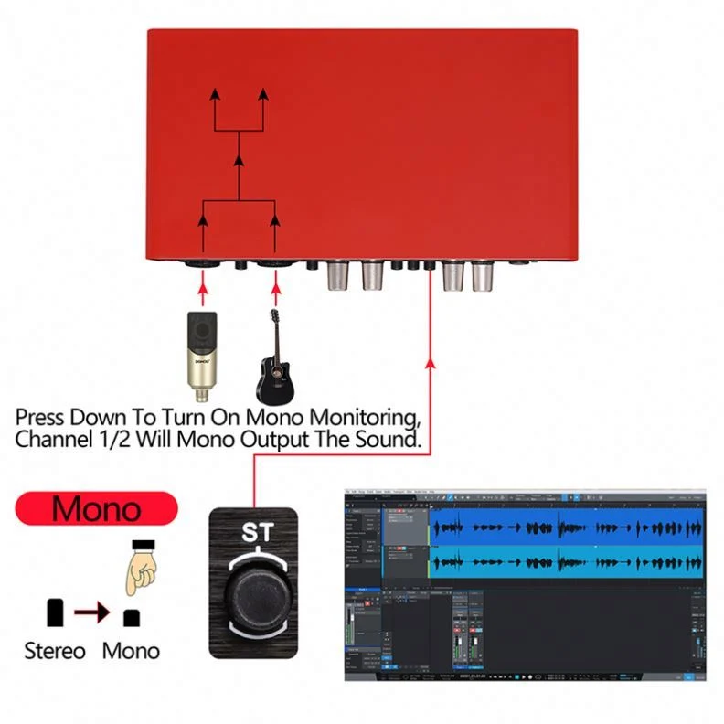 Fábrica portátil Hot-Sale UC42 Tarjeta de sonido interfaz de Audio Estudio de grabación Interfaz de conector XLR Audio Alimentación USB