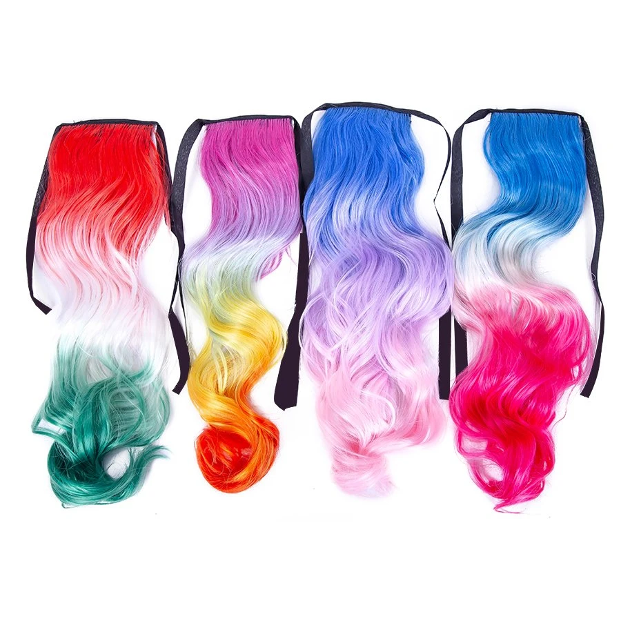 Alileader Ombre Color Highlight 20inch Long Water Wave Ponytail Tie up Synthetic Ponytail Extension with Ribbon Band