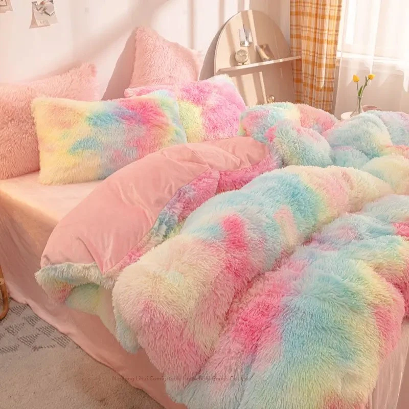 2023 High Quality Rainbow Plush 4 PCS Luxury Ultra-Soft Bed Sheet Comforter Fluffy Blue Bedding Decorative Textiles