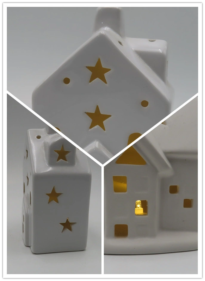 Ceramic House Holiday Gift Creative Hollowed White LED Christmas Home