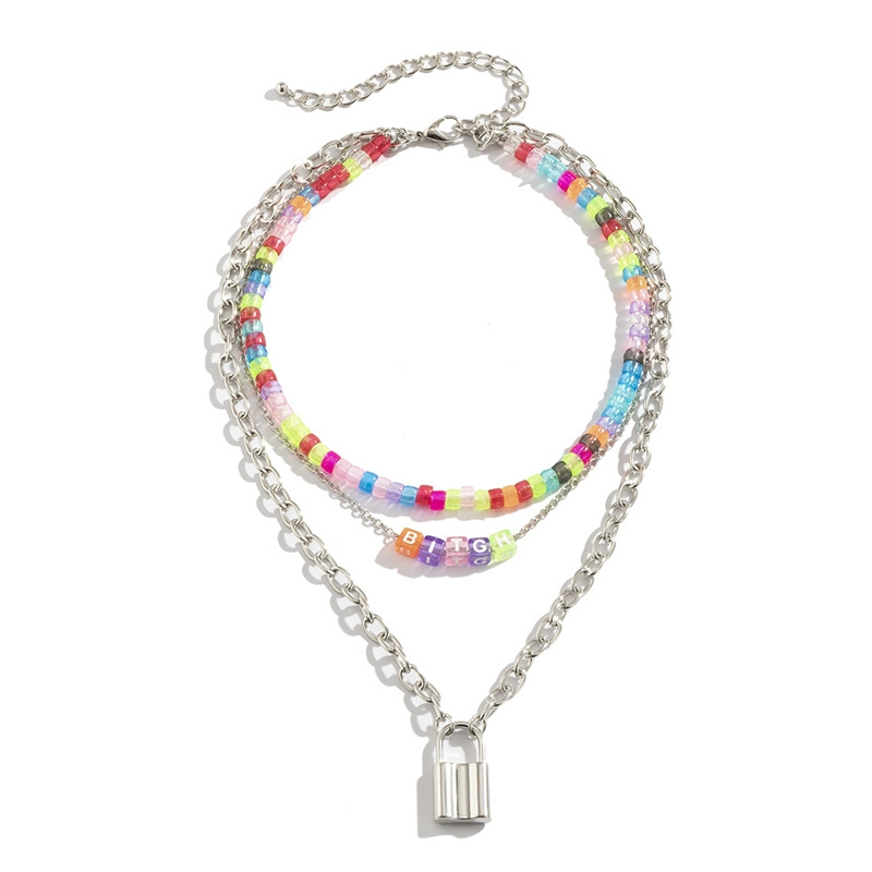 Explosive Bohemia Ins Fashion Women&prime; S Jewelry Beaded Necklace Colorful Acrylic Rice Bead Multi-Layer Silver Lock Pendant Fashion Jewellery Necklace