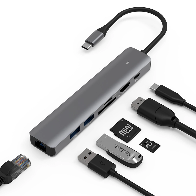 Concentrateur USB-C avec HDMI 4k, Ethernet, USB-a, lecteur de carte SD/TF, 100W pd