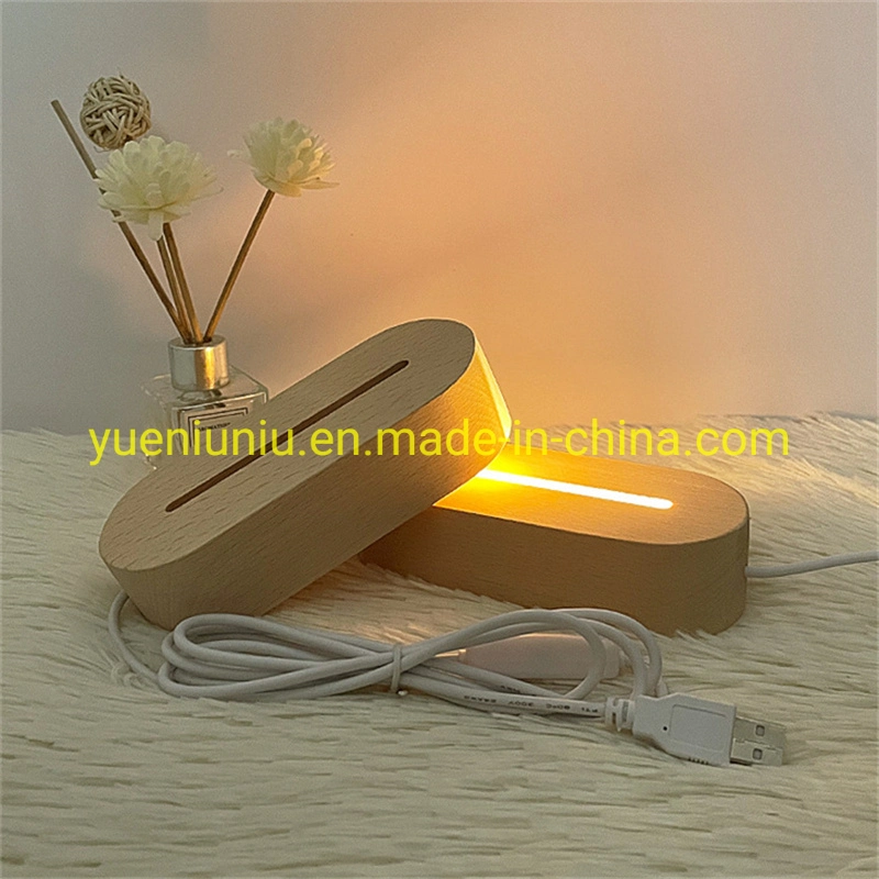 Lâmpada de mesa de madeira USB acrílica 3D oval por atacado com suporte de parede de madeira para base de exibição de resina LED.