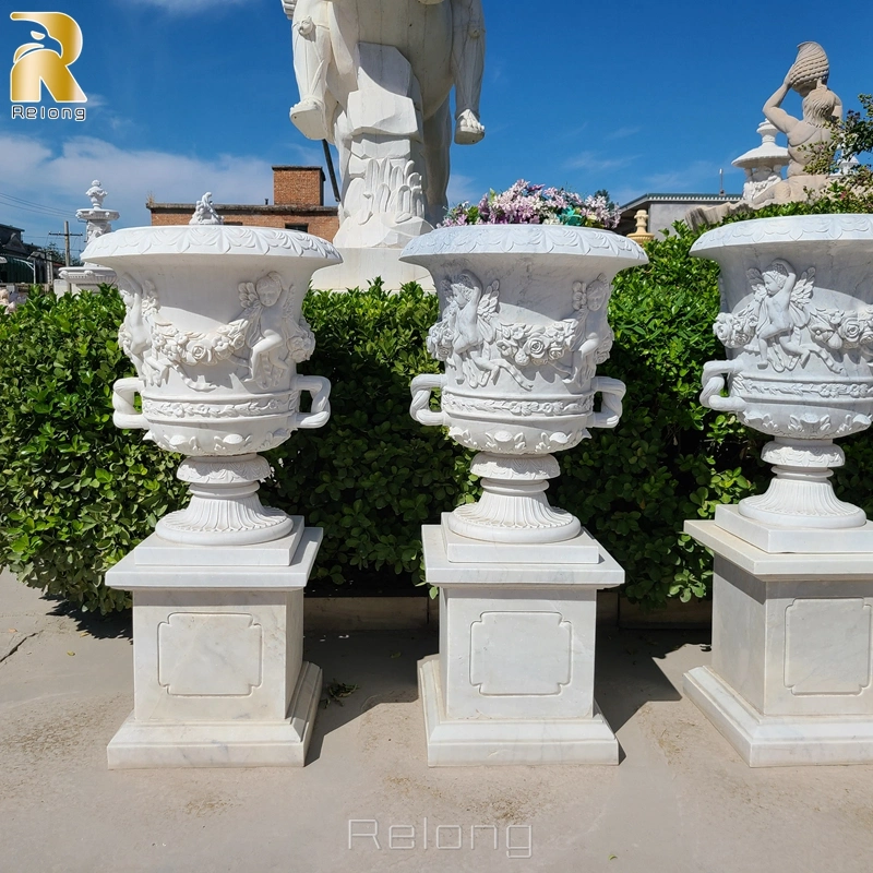 Natural Hand Carved White Marble Stone Planter Outdoor Garden Marble Flowerpot Wholesale/Supplierr